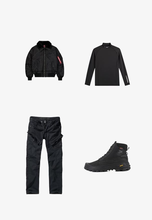 Schwarze Bomberjacke mit Pelzkragen, Frontreißverschluss, zwei Klappentaschen mit Druckknöpfen, gerippten Bündchen und Saum sowie einem roten "Remove Before Flight"-Etikett am Ärmel.; Schwarzes Langarm-Sportoberteil mit Stehkragen, schlanker Passform und weißem "J.Lindeberg"-Logo am linken Ärmel und Kragen.; Schwarze Cargo-Hosen aus strapazierfähigem Stoff, ausgestattet mit mehreren Taschen, Reißverschlüssen und einem verstellbaren Bund für Funktionalität und Komfort.; Schwarze hohe Stiefel mit strukturierten Oberflächen, ausgestattet mit einem wasserdichten Design, Schnürsystem und einer ausgeprägten Gummisohle mit Vibram-Branding.