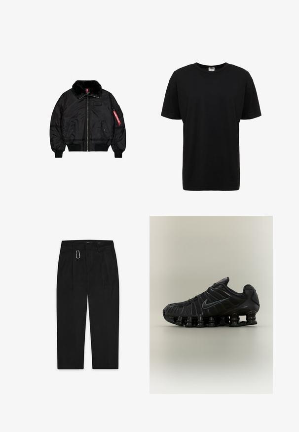 Schwarze Bomberjacke mit Pelzkragen, Frontreißverschluss, zwei Klappentaschen mit Druckknöpfen, gerippten Bündchen und Saum sowie einem roten "Remove Before Flight"-Etikett am Ärmel.; Schwarzes Baumwoll-T-Shirt mit Rundhalsausschnitt, kurzen Ärmeln, normaler Passform, glatter Textur und ohne sichtbare Muster oder Akzente.; Schwarze Hose mit geradem Bein-Design, ausgestattet mit einem silbernen Karabinerclip und zwei Seitentaschen. Hergestellt aus glattem Stoff.; Schwarzer Nike Laufschuh mit federartiger segmentierter Sohle, Mesh-Obermaterial und passendem schwarzem Swoosh-Logo an der Seite.