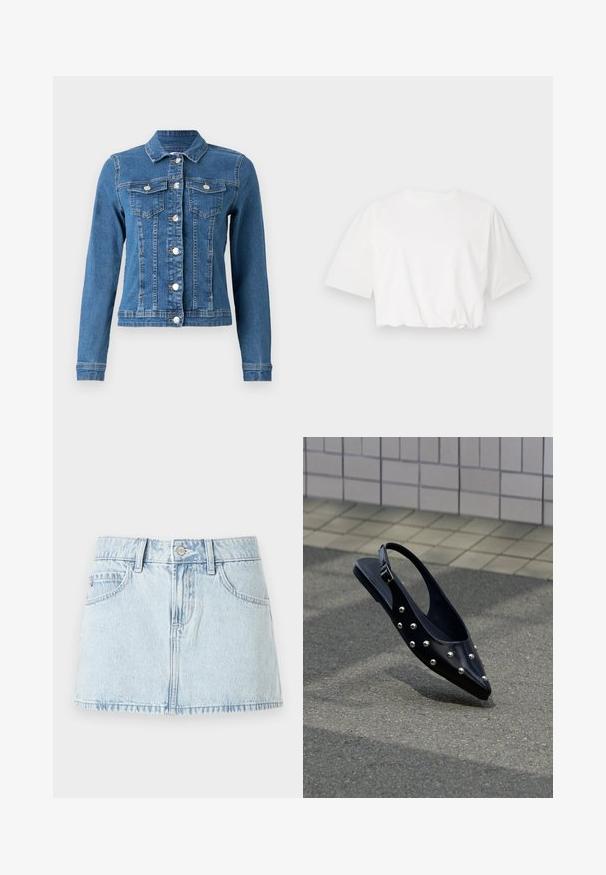 Jeansjack in lichtblauwe kleur met knopen aan de voorkant, twee borstzakken en lange mouwen met aansluitende manchetten. Versleten textuur op bepaalde plekken.; Witte cropped t-shirt met korte pofmouwen, ronde halslijn en geplooide onderrand, gemaakt van zachte katoenstof.; Lichtblauwe denim mini-rok met een knoopsluiting aan de voorkant, riemlussen en voorzakken, getoond op een witte achtergrond.; Zwarte puntige slingback schoen met zilveren studs, zwevend boven asfalt bij een achtergrond van betegelde muur.