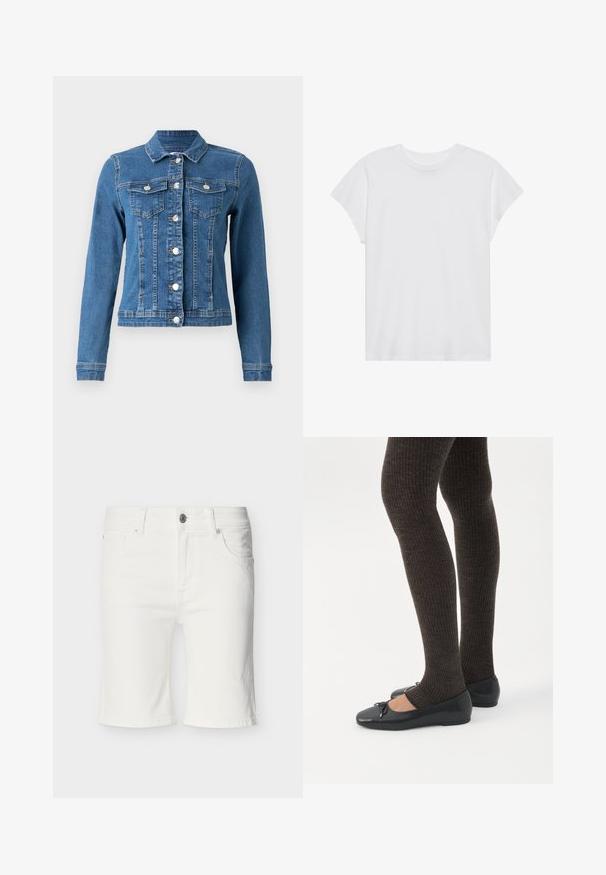Denimjakke i lys blå farve, knaplukning foran, to brystlommer og lange ærmer med tætsiddende manchetter. Slidt tekstur i visse områder.; Hvid kortærmet t-shirt med rund hals, afslappet pasform, lavet af blødt bomuldsstof. Glat tekstur, ingen mønstre eller logoer.; Hvide knælange denimshorts med knap foran, lynlås og design med fem lommer vist på neutral baggrund.; Ben iført mørke ribbede leggings kombineret med sorte balletsko med små sløjfedetaljer på hvid baggrund.