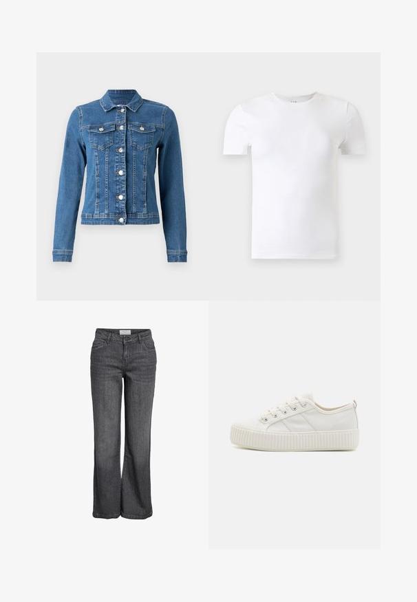 Denim takki, joka on vaaleansininen, napit edessä, kaksi rintataskua ja pitkät hihat, joissa on tiukat hihansuut. Kulunut pinta tietyillä alueilla.; Kirkkaanvalkoinen, lyhythihainen, pyöreäkauluksinen T-paita, joka on esillä vaaleanharmaata taustaa vasten.; Löysät farkut tummanharmaasta denimestä. Ominaisuuksiin kuuluu korkea vyötärö, perinteinen viisi-taskuinen muotoilu ja siisti helma ilman koristeita.; Valkoiset kankaiset tennarit, joissa on teksturoitu kumipohja, pyöreä kärki ja nauhakiinnitys, jossa on kolme sivuraitaa.