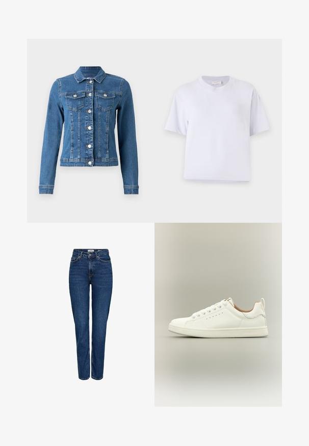 Denimjakke i lys blå farve, knaplukning foran, to brystlommer og lange ærmer med tætsiddende manchetter. Slidt tekstur i visse områder.; Hvid bomulds t-shirt med en afslappet pasform, korte ærmer, rund hals og ingen synlige mønstre eller udsmykninger. Glat struktur.; Mørkeblå denimjeans med lige ben, høj talje, fem lommer, lyse syninger og en diskret struktureret finish.; Hvid lav sneaker med snørebånd, perforerede sidedetaljer og en trækflap på hælen, sat mod en neutral baggrund.