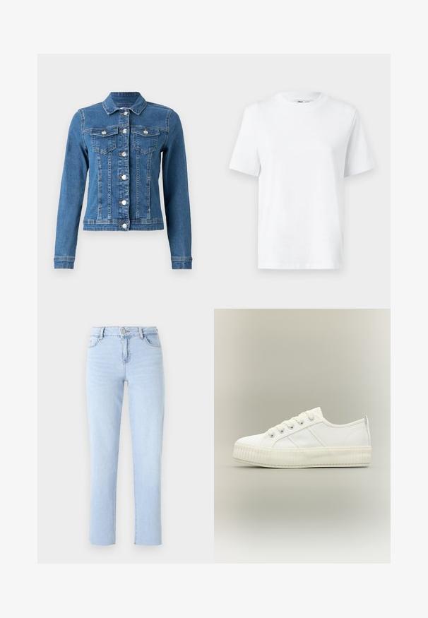 Denimjakke i lys blå farve, knaplukning foran, to brystlommer og lange ærmer med tætsiddende manchetter. Slidt tekstur i visse områder.; Hvid bomulds T-shirt med rund hals, kortærmet og en glat tekstur. Designet med en afslappet pasform for komfort og alsidighed.; Lyseblå lige ben jeans lavet af denim, med en standard talje, fem lommer og subtile sømdetaljer.; Hvid lavtop sneaker med tyk ribbet sål, snørelukning foran og trækflap på hælen mod en neutral baggrund.