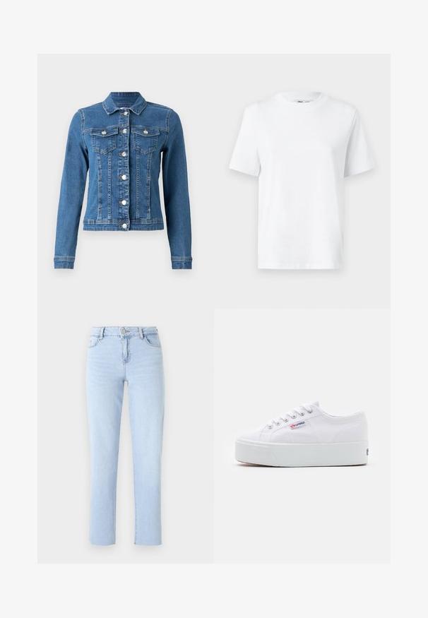 Denimjakke i lys blå farve, knaplukning foran, to brystlommer og lange ærmer med tætsiddende manchetter. Slidt tekstur i visse områder.; Hvid bomulds T-shirt med rund hals, kortærmet og en glat tekstur. Designet med en afslappet pasform for komfort og alsidighed.; Lyseblå lige ben jeans lavet af denim, med en standard talje, fem lommer og subtile sømdetaljer.; Hvide canvas sneakers med en tyk hvid platformssål, rund tå og metaløjelets til snørebånd. Mærkets logo præsenteret på siden.