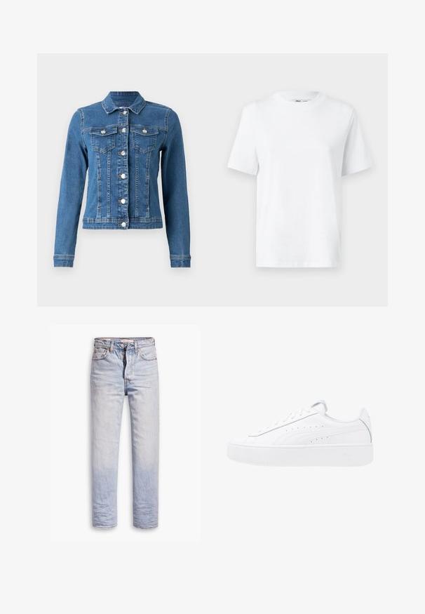 Jeansjack in lichtblauwe kleur met knopen aan de voorkant, twee borstzakken en lange mouwen met aansluitende manchetten. Versleten textuur op bepaalde plekken.; Witte katoenen T-shirt met ronde hals, korte mouwen en een gladde textuur. Ontworpen met een comfortabele en veelzijdige relaxte pasvorm.; Lichtblauwe denim jeans met een straight leg ontwerp, voorzien van een knoopgulp, vijf zakken en subtiele vervaging langs de benen.; Witte platte sneakers met leren bovenzijde, ronde neus en vetersluiting. Voorzien van zijperforaties en subtiele branding op de hak.