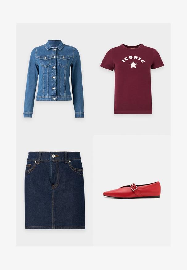 Jeansjack in lichtblauwe kleur met knopen aan de voorkant, twee borstzakken en lange mouwen met aansluitende manchetten. Versleten textuur op bepaalde plekken.; Bordeaux katoenen T-shirt met witte tekst die "ICONIC" zegt en een sterontwerp op de voorkant. Korte mouwen en ronde hals.; Donkerblauwe denim rok met zichtbare stiksels, vijf zakken en een knoopsluiting aan de voorkant. Rechte snit met een schone zoomlijn.; Rode leren platte schoen met een spitse neus, voorzien van een zijkant band met een metalen gesp en een lage zwarte hak. Gladde textuur overal.