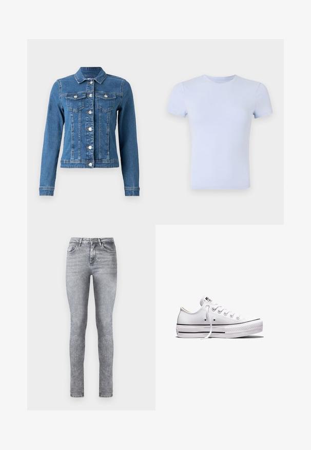 Denimjakke i lys blå farve, knaplukning foran, to brystlommer og lange ærmer med tætsiddende manchetter. Slidt tekstur i visse områder.; Good American SUPER STRETCH BABY TEE - T-shirts basic - periwinkle; Grå denim skinny jeans med høj talje, fem lommer og subtil lysning over det hele. Har lynlås og knaplukning.; Lavtop hvid lærredsneaker med hvide snørebånd, gummisål, sorte stribedetaljer og logo-patch på tungen og hælen.