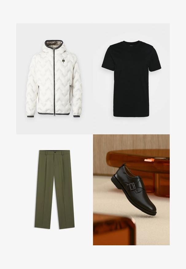 Chaqueta acolchada blanca con capucha, que presenta un patrón de rombos en zigzag, cremallera negra y puños con rayas blancas. Diseño ligero y aislante.; Camiseta negra de manga corta hecha de algodón suave, con cuello redondo y un diseño sencillo sin estampados ni acentos.; Pantalones de pierna recta color verde oliva con trabillas, botón frontal y cremallera, mostrados planos sobre un fondo blanco.; Zapato monk de cuero negro con hebilla plateada, flotando sobre una alfombra beige con muebles translúcidos marrones al fondo.