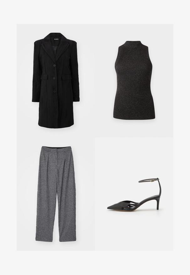 Musta pitkä takki, jossa on viilto-olkain, kolmipainikekiinnitys, kaksi etutaskua ja teksturoitu kangas, jossa on pystysuorat raidat.; CLOSED SLEEVELESS - Toppi - black; Harmaat ruudulliset housut, joissa on korkea vyötärö, leveät lahkeet ja laskokset. Valmistettu teksturoidusta kankaasta, jossa on yhdenvärinen kuvio.; Musta nahkainen korkokenkä, jossa on terävä kärki, avoimet sivut ja ohut nilkkaremmi, jossa on pieni kultainen yksityiskohta.