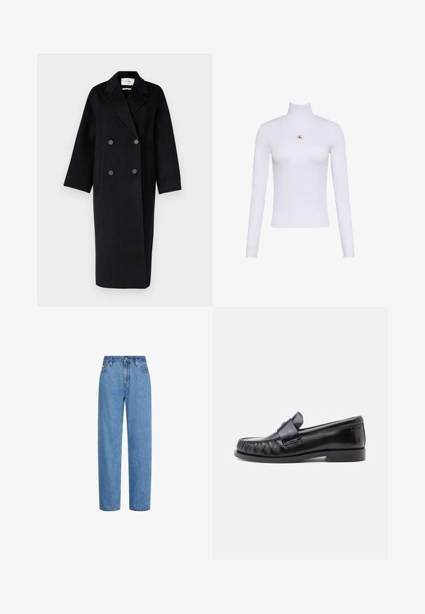 IVY OAK IO CLARA - Klassisk frakke - navy blue; Hvid langærmet rullekravetrøje med en lille Calvin Klein logo lap placeret centralt på brystet.; Straight-leg blå denim jeans med høj talje, frontknap og lommer, vist mod en hvid baggrund.; Sorte læderloafers med rundet tå, karakteristisk syning og en dekorativ rem over vampen. Glat finish og lav hæl.