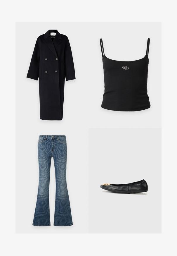 IVY OAK IO CLARA - Klassischer Mantel - navy blue; Schwarzes, geripptes Camisole-Oberteil mit dünnen Trägern und einem kleinen metallischen Logo in der Mitte. Der Stoff wirkt dehnbar und figurbetont.; Blaue Schlagjeans mit durchgehendem, wiederholtem "JOOP! JEANS"-Logomuster und klassischem Fünf-Taschen-Design.; Schwarze Leder-Ballettschuhe mit runder Spitze, ausgestattet mit einem goldenen Hardwareakzent an der Spitze, glatter Textur und flexibler Sohle.