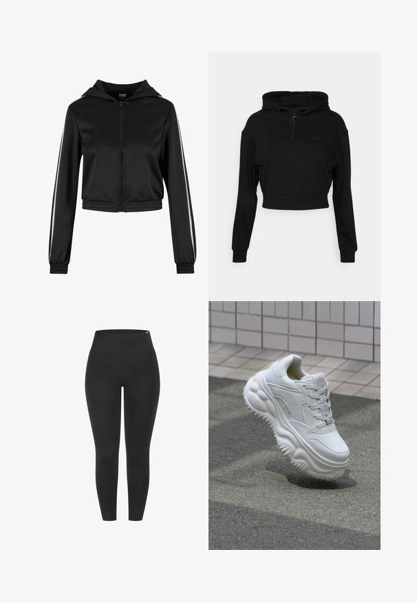 Zwarte cropped hoodie met rits en een capuchon, voorzien van zilveren zijstrepen en elastische manchetten, gemaakt van een gladde, lichte stof.; Even&Odd active by Zalando Hoodie - black; Zwarte legging met een hoge elastische tailleband, een gladde textuur en een aansluitend ontwerp, geschikt voor diverse activiteiten.; Witte leren sneaker met een zware zool, textuurdetails en vetersluiting. Beschikt over gevormde accenten en een gladde afwerking.