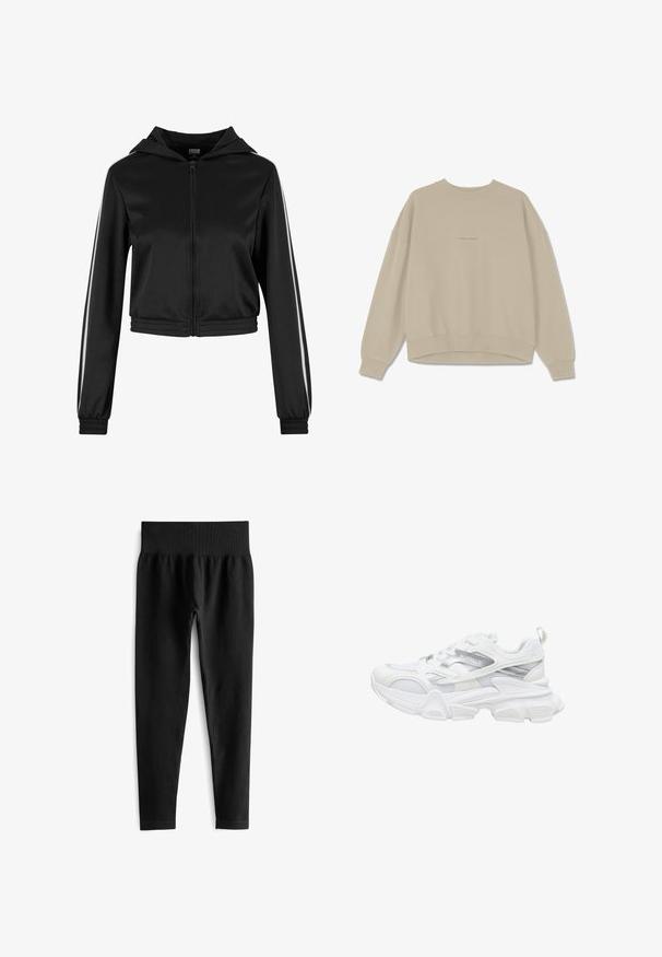 Sort lynlås cropped hoodie med hætte, med sølvfarvede side striber og elastiske manchetter, lavet af et glat, letvægtsstof.; Beige sweatshirt lavet af blødt bomuld, der har en rund halsudskæring, nedfaldne skuldre og ribbede mancher. På fronten er ordet "PEGAADOR" broderet.; Sorte ribbede leggings med en bred, elastisk talje. Stoffet ser strækbart og struktureret ud og slutter lige over anklen.; Hvid atletiksneakers med chunky sål, mesh og syntetisk overdel, sølv detaljer og "BUFFALO" mærkning på siden.