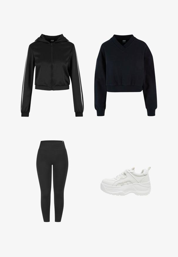 Sort lynlås cropped hoodie med hætte, med sølvfarvede side striber og elastiske manchetter, lavet af et glat, letvægtsstof.; Sort cropped sweatshirt med V-hals og dropped shoulders. Lavet af blødt materiale med ribbede manchetter og kant. Enkel, minimalistisk design.; Sorte leggings med en høj elastisk talje, glat tekstur og tætsiddende design, velegnet til forskellige aktiviteter.; Hvid chunky sneaker med tyk sål, snørelukning foran, polstret krave og trækstykke på hælen.