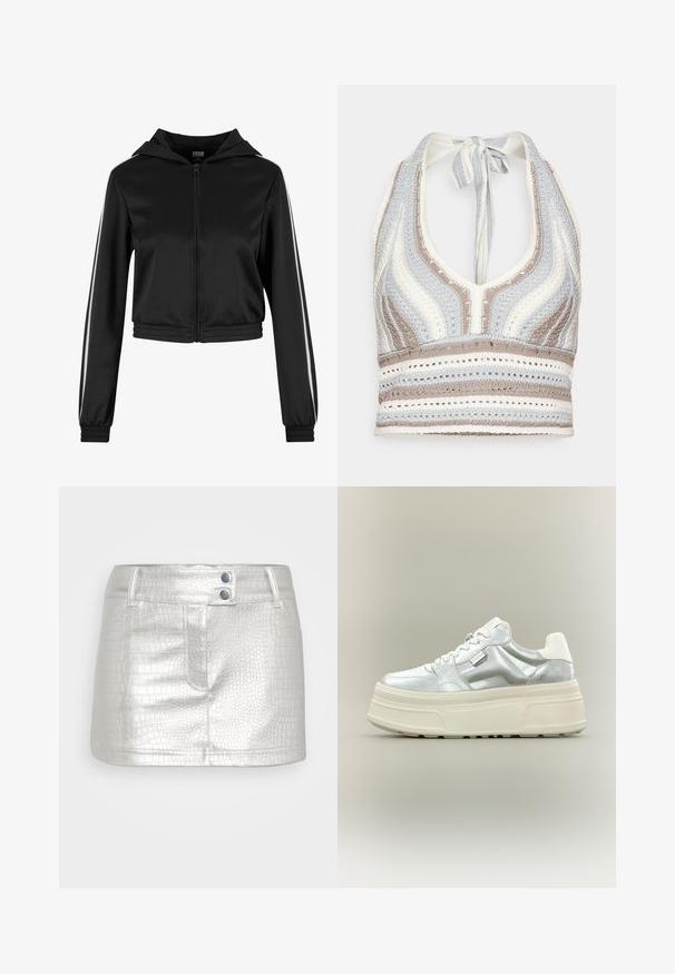 Sort lynlås cropped hoodie med hætte, med sølvfarvede side striber og elastiske manchetter, lavet af et glat, letvægtsstof.; Hæklet halterneck-top med lyseblå, beige og hvide striber, dyb V-halsudskæring og knyttet ryg. Åben vævet tekstur hele vejen igennem.; Sølvfarvet, kunstlæder nederdel med et tekstureret krokodillemønster, der har to blå knapdetaljer og en tætsiddende pasform.; Kraftig platform-sneaker med metallic sølv overdel, hvide snørebånd og tyk cremefarvet tekstureret sål, vist i sideprofil på neutral baggrund.