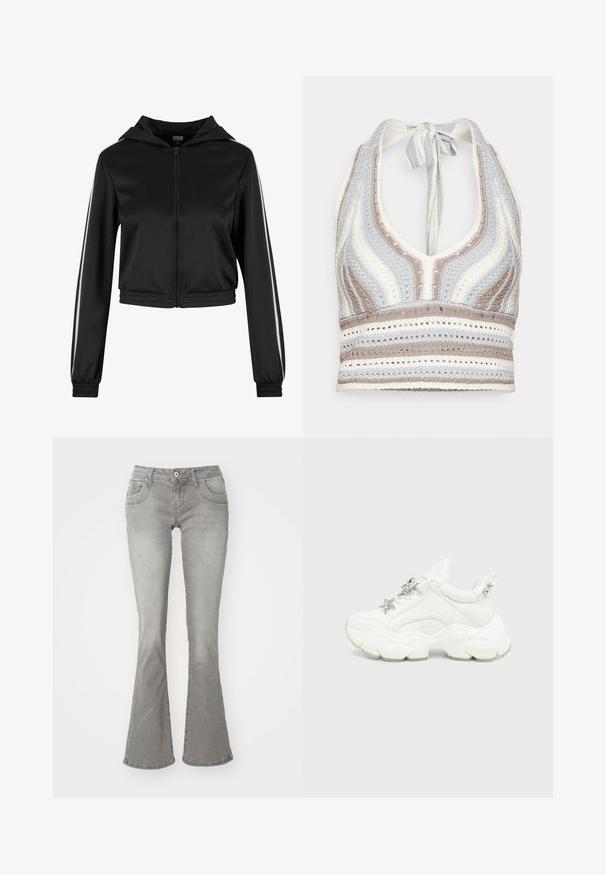 Sort lynlås cropped hoodie med hætte, med sølvfarvede side striber og elastiske manchetter, lavet af et glat, letvægtsstof.; Hæklet halterneck-top med lyseblå, beige og hvide striber, dyb V-halsudskæring og knyttet ryg. Åben vævet tekstur hele vejen igennem.; Grå flagrende jeans med en middelhøj talje, frontlommer og knaplukning, lavet af denimstof med en glat tekstur.; Hvid chunky sneaker med tyk tekstureret sål, sølvstjerne og sommerfugledekorationer på hvide snørebånd og sølvnitter på hælremmen.