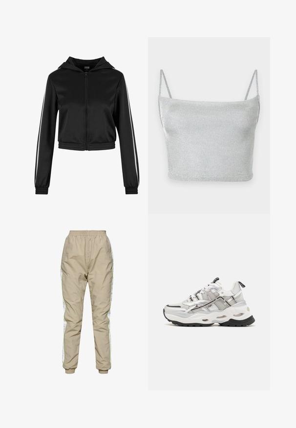 Zwarte cropped hoodie met rits en een capuchon, voorzien van zilveren zijstrepen en elastische manchetten, gemaakt van een gladde, lichte stof.; Zilverkleurige metallic gebreide crop top met dunne verstelbare bandjes. Strak model en gladde textuur. Geen patronen of zichtbare hardware details.; Beige lichtgewicht trainingsbroek met elastische tailleband, witte zijpanelen en neon groene bies; elastische manchetten bij de enkels.; Witte en grijze sport sneaker van mesh en synthetische materialen, met een dikke zool, een opvallend zwart profiel en een vetersluiting met accenten.