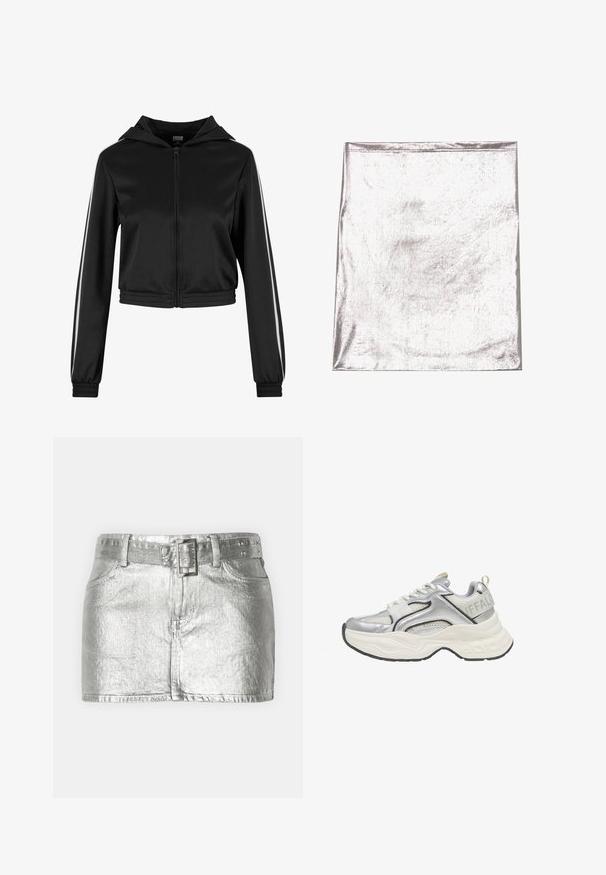 Sort lynlås cropped hoodie med hætte, med sølvfarvede side striber og elastiske manchetter, lavet af et glat, letvægtsstof.; Metallic sølv stof med en glat tekstur og let glans. Rektangulær form, kanter pænt syet, ingen fremtrædende mønstre eller detaljer.; Sølvmetallic denimnederdel med bælte i taljen, der har fire lommer, lynlås foran og en let slidt tekstur.; Sølv og hvid chunky sneaker med mesh- og læderdetaljer, tyk hvid sål og "BUFFALO" branding på hælkappen.