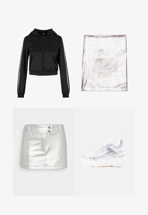 Sort lynlås cropped hoodie med hætte, med sølvfarvede side striber og elastiske manchetter, lavet af et glat, letvægtsstof.; Metallic sølv stof med en glat tekstur og let glans. Rektangulær form, kanter pænt syet, ingen fremtrædende mønstre eller detaljer.; Sølvfarvet, kunstlæder nederdel med et tekstureret krokodillemønster, der har to blå knapdetaljer og en tætsiddende pasform.; Hvid og sølvfarvet chunky sneaker med tyk, struktureret sål, mesh- og syntetiske paneler, rundet tå og trækflig på hælen.
