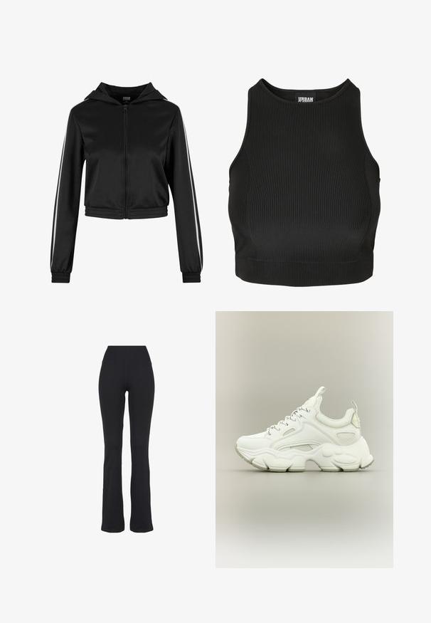 Μαύρο κοντό hoodie με φερμουάρ και κουκούλα, που διαθέτει ασημί λωρίδες στο πλάι και ελαστικά μανίκια, κατασκευασμένο από μια λεία, ελαφριά ύλη.; Μαύρο ριμπ crop top με ψηλή λαιμόκοψη και εφαρμοστή γραμμή. Φτιαγμένο από ελαστικό υλικό με απαλή υφή και χωρίς ορατούς κλειστές.; Μαύροι ψηλόμεσοι, εφαρμοστοί παντελόνες γιόγκα με φαρδιά μπατζάκια, παρουσιάζονται σε λευκό φόντο.; Λευκό chunky αθλητικό παπούτσι με χοντρή υφή σόλας, άνω μέρος από δίχτυ και δέρμα, κλείσιμο με κορδόνια και θηλιές στο γλώσσα και τη φτέρνα.