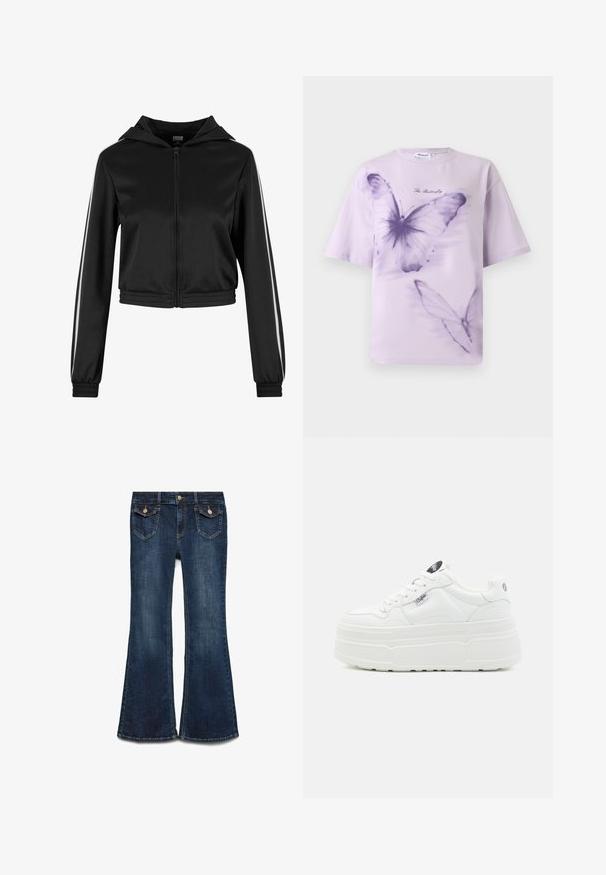 Zwarte cropped hoodie met rits en een capuchon, voorzien van zilveren zijstrepen en elastische manchetten, gemaakt van een gladde, lichte stof.; Lichtpaarse T-shirt met korte mouwen, voorzien van twee grote paarse vlinderprints en de woorden "The Butterfly" gecentreerd boven de bovenste vlinder.; Donkerblauwe wijd uitlopende jeans van denim, met een knoopsluiting, vijf zakken en zichtbare stiksels langs de naden.; Witte platform sneakers met een glad synthetisch buitenkant, ronde neus, gewatteerde kraag en textuurzool. Bevat een contrasterend logo label.