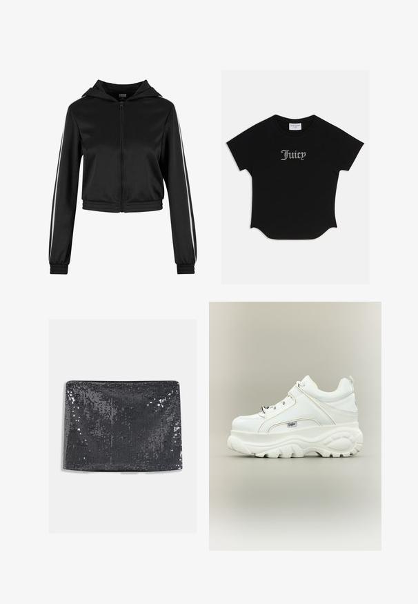 Schwarze, taillierte Kapuzenjacke mit Reißverschluss, ausgestattet mit silbernen Seitenstreifen und elastischen Bündchen, aus einem glatten, leichten Stoff gefertigt.; Schwarzes T-Shirt mit kurzen Ärmeln, abgerundetem Saum und Raglanärmeln. Auf der Vorderseite mit verzierten "Juicy"-Text in Strass-Steinen.; Schwarze Clutch-Tasche mit rechteckiger Form, ausgestattet mit einer glatten Textur und reflektierenden Pailletten, die die Oberfläche für zusätzlichen Glanz bedecken.; Weißer Plateausneaker mit dicker klobiger Sohle, Schnürung vorne und Buffalo-Markenlogo an der Seite, von der Außenseite gezeigt.