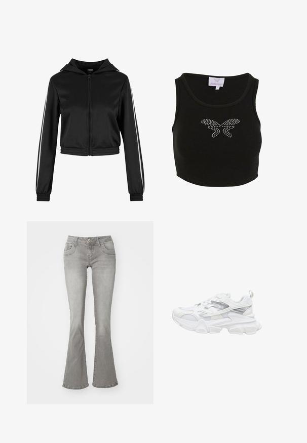 Schwarze, taillierte Kapuzenjacke mit Reißverschluss, ausgestattet mit silbernen Seitenstreifen und elastischen Bündchen, aus einem glatten, leichten Stoff gefertigt.; Schwarzes geripptes Cropped Top mit figurbetontem Schnitt, das auf der Vorderseite ein Schmetterlingsmotiv aus Strasssteinen zeigt. Enthält ein Etikett mit dem Markennamen.; Graue Schlagjeans mit mittelhoher Taille, Fronttaschen und Knopfverschluss, aus Denimstoff mit glatter Textur.; Weißer Sportschuh mit klobiger Sohle, Obermaterial aus Mesh und Synthetik, silbernen Akzenten und der Aufschrift "BUFFALO" an der Seite.