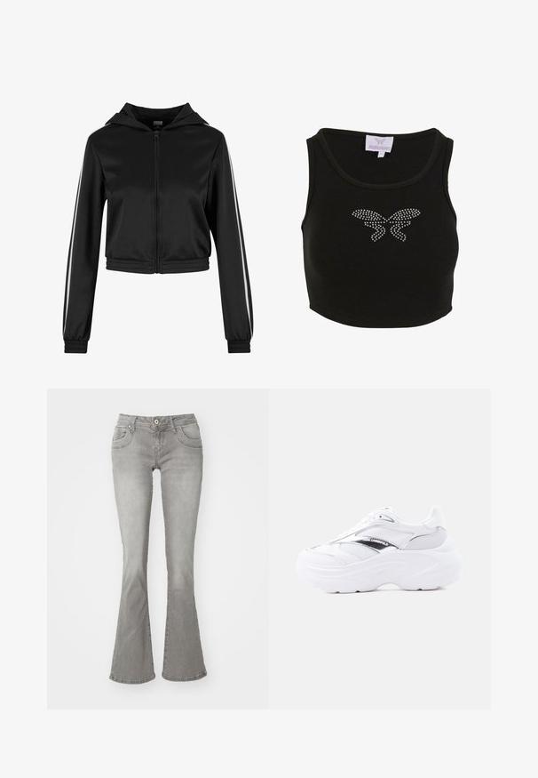 Schwarze, taillierte Kapuzenjacke mit Reißverschluss, ausgestattet mit silbernen Seitenstreifen und elastischen Bündchen, aus einem glatten, leichten Stoff gefertigt.; Schwarzes geripptes Cropped Top mit figurbetontem Schnitt, das auf der Vorderseite ein Schmetterlingsmotiv aus Strasssteinen zeigt. Enthält ein Etikett mit dem Markennamen.; Graue Schlagjeans mit mittelhoher Taille, Fronttaschen und Knopfverschluss, aus Denimstoff mit glatter Textur.; Weißer klobiger Sneaker mit Mesh- und Lederobermaterial, dicker Sohle, metallisch-silbernem Detail und „Karl Lagerfeld“-Branding an der Seite.
