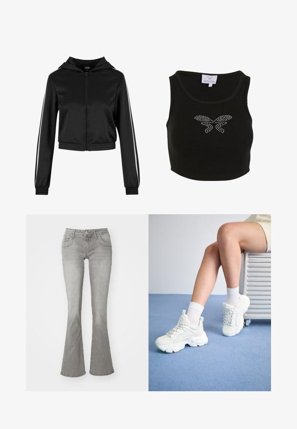 Mustassa vetoketjuhupussa, jossa on huppu, hopeiset sivuraitat ja joustavat hihansuut, valmistettu sileästä ja kevyestä kankaasta.; Musta ribbed crop-top, jossa on tiukka malli ja edessä strassikivistä tehty perhoskuvio. Mukana brändinimiä sisältävä etiketti.; Harmaat levenneet farkut, joissa on keskikorkea vyötärö, etutaskut ja nappisuljenta. Valmistettu denim-kankaasta, jonka pinta on sileä.; Valkoiset nauhakenkät, joissa on paksu pohja, sileä synteettinen materiaali, tekstuuriset yksityiskohdat ja vetolenkki kantapäässä.