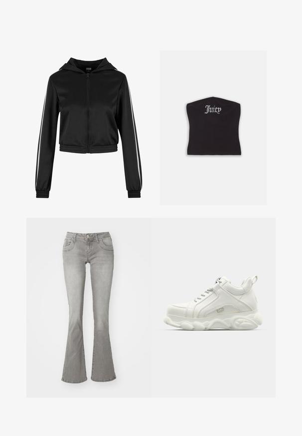 Schwarze, taillierte Kapuzenjacke mit Reißverschluss, ausgestattet mit silbernen Seitenstreifen und elastischen Bündchen, aus einem glatten, leichten Stoff gefertigt.; Schwarzes, eng anliegendes Crop-Top mit glatter Textur und abgerundetem Ausschnitt, verziert mit Strassbuchstaben, die "Juicy" auf der Vorderseite spell.; Graue Schlagjeans mit mittelhoher Taille, Fronttaschen und Knopfverschluss, aus Denimstoff mit glatter Textur.; Weiße Sportsneaker mit einem glatten Lederobermaterial, abgerundeter Sohle und strukturiertem Akzent. Ausgestattet mit Schnürsenkeln und einem Zugband auf der Rückseite.