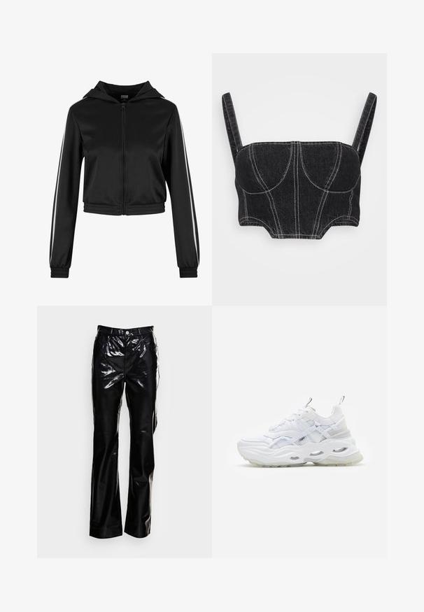 Schwarze, taillierte Kapuzenjacke mit Reißverschluss, ausgestattet mit silbernen Seitenstreifen und elastischen Bündchen, aus einem glatten, leichten Stoff gefertigt.; Schwarzes Denim-Crop-Top mit dünnen Trägern, das über weiße Nähte, einen strukturierten Oberkörper und gewellte Nähte verfügt. Glatte Textur und taillierte Passform.; Monki Stoffhose - black dark; Weißer Sneaker mit dickem Profil, geschichtetem Mesh- und Synthetik-Obermaterial, mit gemusterten Akzenten, Schnürsystem und Zuglasche.