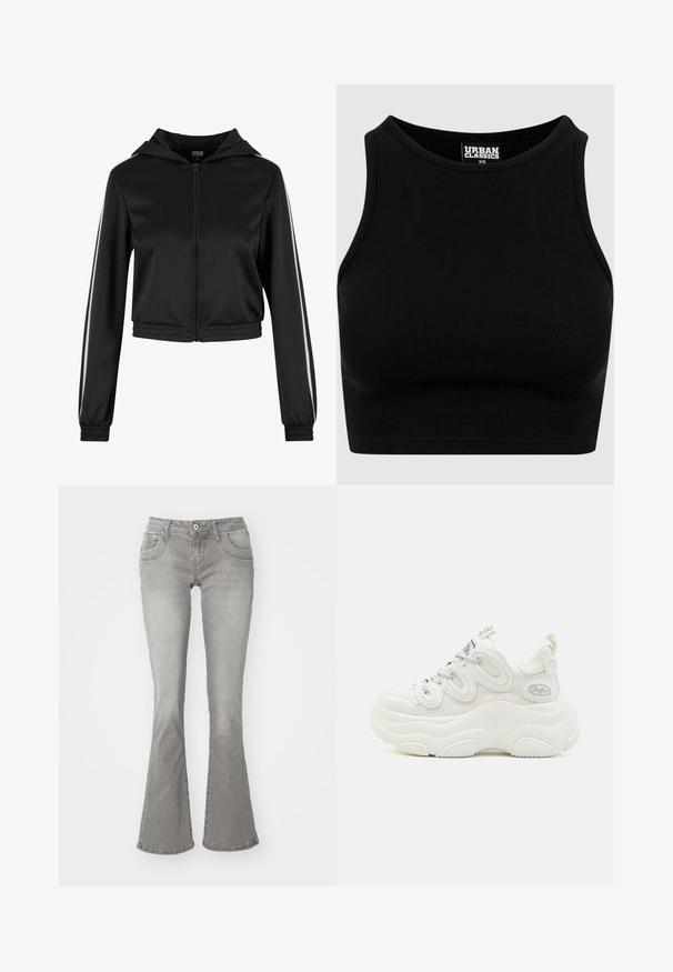 Sort lynlås cropped hoodie med hætte, med sølvfarvede side striber og elastiske manchetter, lavet af et glat, letvægtsstof.; Sort ribbet cropped top med rund halsudskæring og uden ærmer. Lavet af et strækbart, tekstureret stof. Mærket siger "Urban Classics."; Grå flagrende jeans med en middelhøj talje, frontlommer og knaplukning, lavet af denimstof med en glat tekstur.; Hvide chunky sneakers med overdel i mesh og syntetisk materiale, buet form, tekstureret sål og fremtrædende snøresystem med logo detaljer.