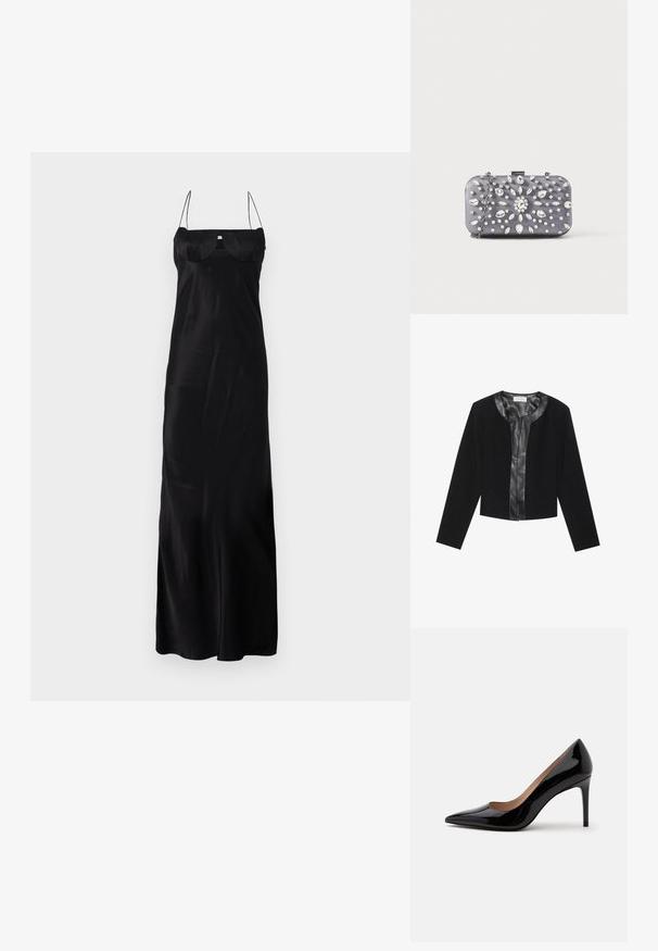 Schwarze kurze Jacke mit langen Ärmeln, mit einem glatten Leder-Frontpanel und einem texturierten Stoffkörper. Rundhalsausschnitt, ohne Verschlüsse.; Anna October TULIP MAXI DRESS - Ballkleid - black; Schwarzer Lackleder-Pumps mit hohem Absatz, spitzer Schuhspitze und Stilettabsatz, seitlich auf einem schlichten weißen Hintergrund dargestellt.; Kleine rechteckige dunkelgraue Clutch, verziert mit klaren Strasssteinen in einem strahlenförmigen Muster und einem silbernen Kettenriemen.