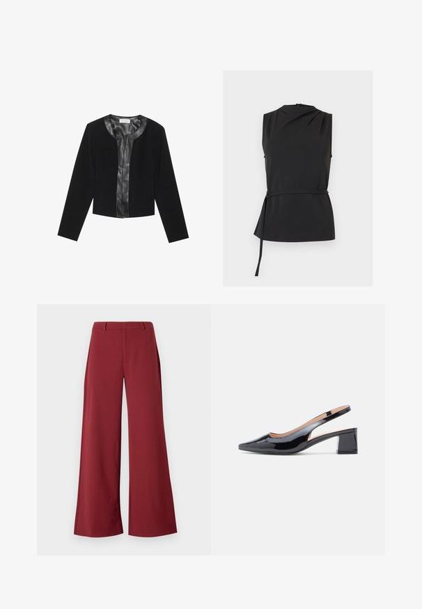 Veste noire courte avec des manches longues, présentant un panneau avant en cuir lisse et un corps en tissu texturé. Encolure ronde, sans fermetures.; Haut noir sans manches avec un col montant et un détail drapé, doté d'une fine ceinture à la taille avec un anneau en métal sur le côté gauche.; Pantalons larges d'une couleur bordeaux profond. Fabriqués dans un tissu lisse et extensible avec des coutures tailleur et une fermeture éclair à l'avant.; Chaussure à talon avec bride arrière en cuir verni noir, bout pointu et talon carré robuste, avec un détail découpé sur les côtés.