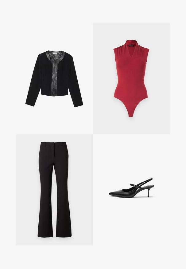Veste noire courte avec des manches longues, présentant un panneau avant en cuir lisse et un corps en tissu texturé. Encolure ronde, sans fermetures.; Body rouge sans manches avec un décolleté en V et des détails froncés aux épaules, conçu pour une silhouette ajustée.; Pantalon évasé noir en tissu lisse, présentant un pli frontal, des passants de ceinture et une coupe ajustée. Design épuré sans motifs visibles.; Talons aiguilles noires en cuir avec un bout pointu, une fine bride réglable, et un talon aiguille d'environ 5 cm, texture lisse.