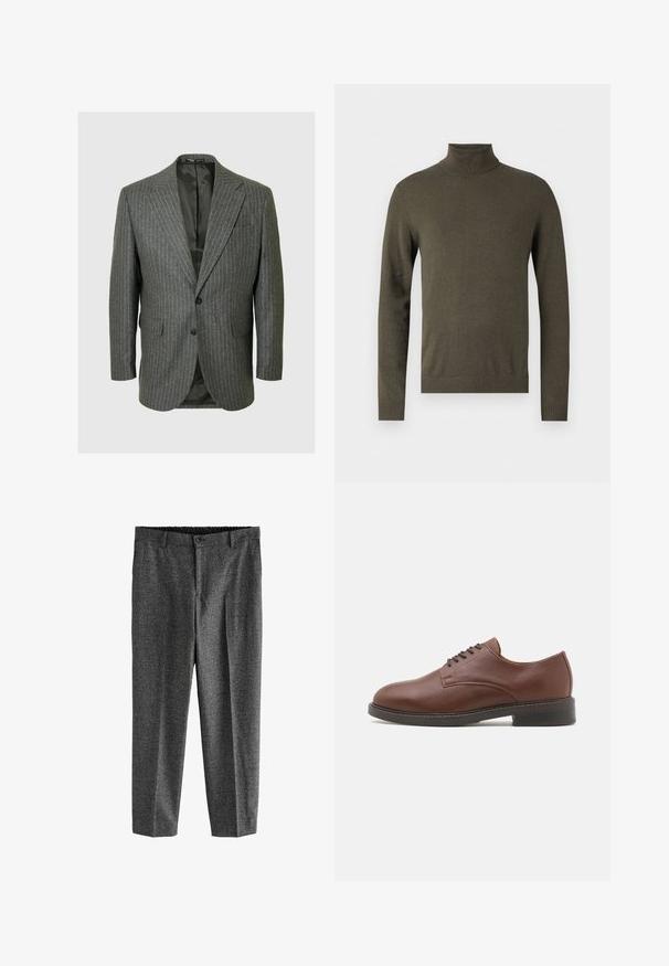 Grijze pinstripe blazer met een gelapt revers, twee knopen en twee voorkruimelzakken. De binnenzijde is gevoerd met een donkere stof.; Olijfgroen coltrui van een zachte, gestructureerde brei. Voorzien van lange mouwen en een geribbelde halslijn en zoom, gericht op comfort en pasvorm.; Grijze, gestructureerde broeken met een subtiel ruitpatroon, voorzien van een knoopsluiting en een elastische tailleband, met een tapered leg ontwerp.; Bruine leren schoen voor formelere gelegenheden met een ronde neus, vetersluiting en een stevige zwarte rubberen zool. Gladde textuur met een subtiele glans.
