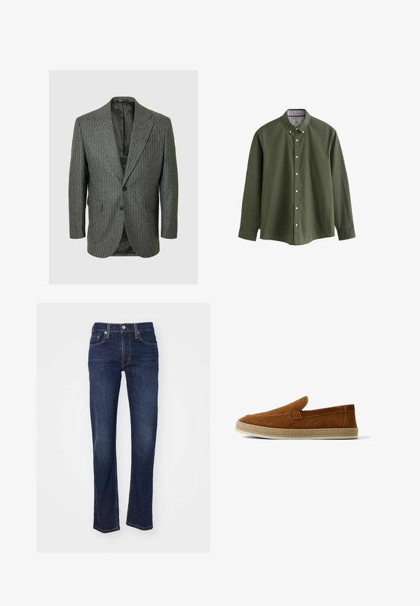 Blazer gris con rayas diplomáticas que presenta solapa de muesca, dos botones y dos bolsillos frontales. El interior está forrado con una tela oscura.; Camisa de botones verde oliva con mangas largas, botones blancos y detalle de cuello interior a cuadros. Textura de algodón suave con un pequeño logo.; Jeans de mezclilla azul oscuro con corte recto, que presentan un diseño tradicional de cinco bolsillos y detalles de costura en las costuras.; Zapato marrón de ante tipo mocasín con suela beige tejida y costuras estilo mocasín, presentado en perfil lateral sobre fondo blanco.