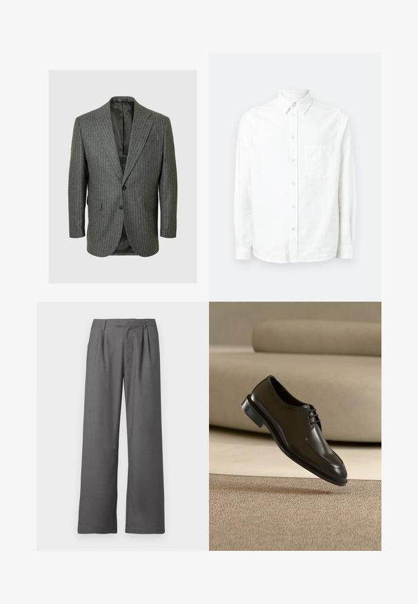Grå stribede blazer med spidse lapeller, to knapper og to forlommer. Indersiden er foret med et mørkt stof.; Hvid langærmet skjorte med knaplukning lavet af letvægtsstof. Har en frontlomme, klassisk krave og subtil tekstur.; Grå vide benbukser lavet af glat stof, med en plisseret front, sidelommer og en skrædderlavet talje med bæltestropper.; Sort lædersko med lukket snørebånd svæver over beige tæppe, beige sofa sløret i baggrunden.