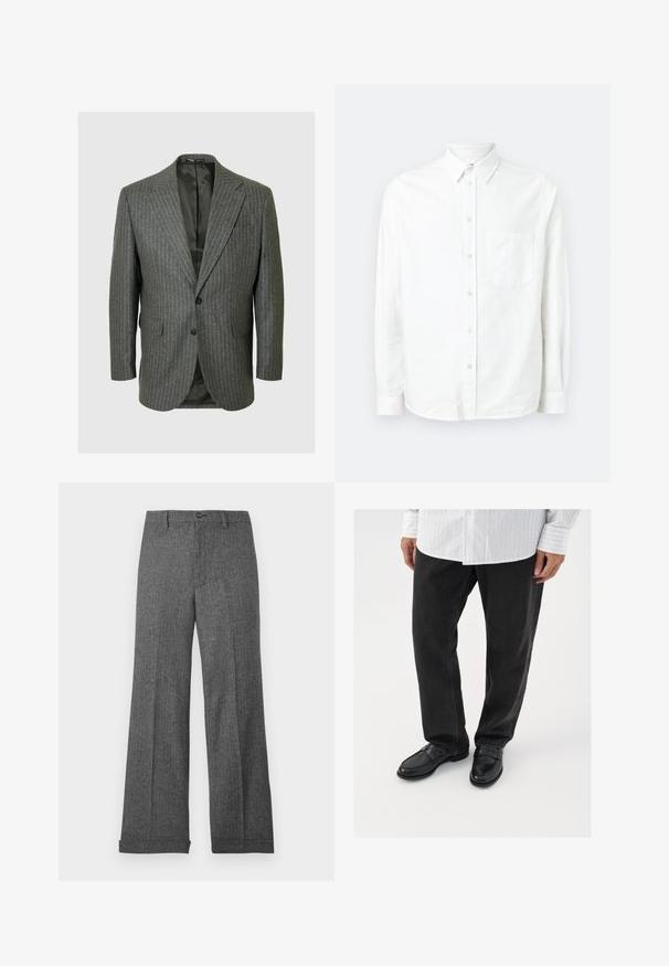 Grå stribede blazer med spidse lapeller, to knapper og to forlommer. Indersiden er foret med et mørkt stof.; Hvid langærmet skjorte med knaplukning lavet af letvægtsstof. Har en frontlomme, klassisk krave og subtil tekstur.; Grå bukser med vidde i benene, lavet af struktureret stof med et subtilt mønster, med frontknaplukning og opsmøgede manchetter.; Sorte denimbukser parret med skinnende sorte loafers. Skjorten er hvid med tynde lodrette striber, har lange ærmer og en knapkrave.