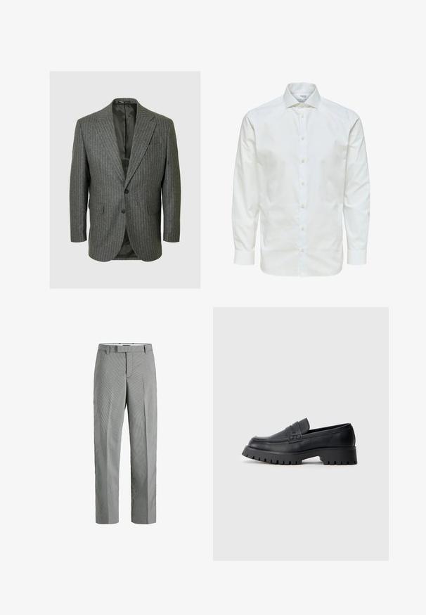 Blazer gris à rayures fines avec un col cranté, deux boutons et deux poches avant. L'intérieur est doublé d'un tissu sombre.; Chemise blanche à manches longues avec fermeture par boutons sur le devant et col pointu, présentée sur fond blanc.; Pantalons à carreaux gris et blancs avec une coupe droite, présentant un devant plat, des passants de ceinture et des poches latérales discrètes.; Mocassins en cuir noir avec un bout arrondi, présentant une sangle décorative et une semelle en caoutchouc épaisse avec de profonds crampons pour une meilleure adhérence.