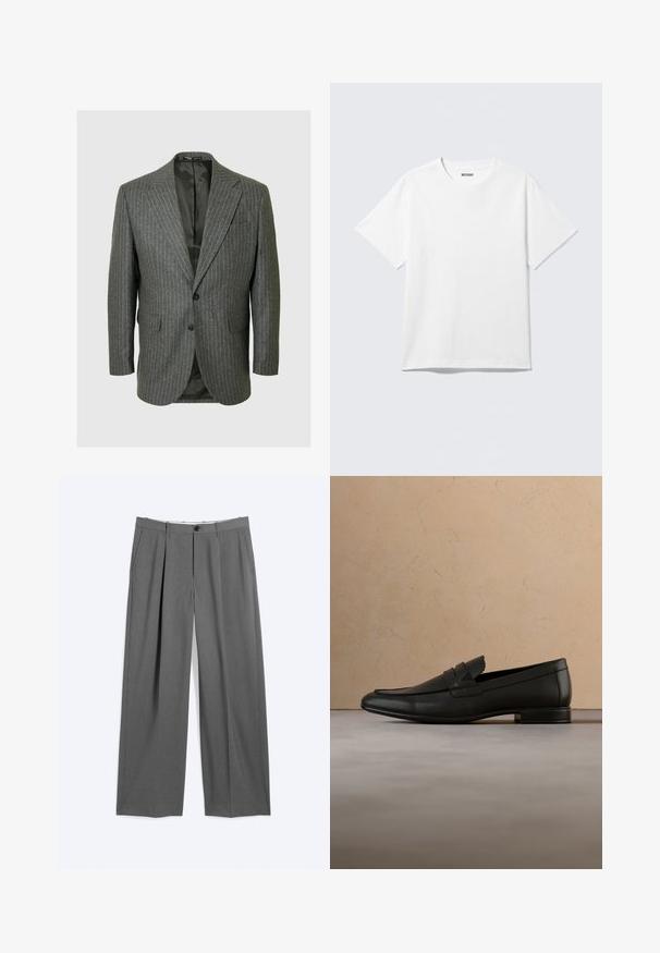Grijze pinstripe blazer met een gelapt revers, twee knopen en twee voorkruimelzakken. De binnenzijde is gevoerd met een donkere stof.; Witte T-shirt met korte mouwen en ronde hals, plat gelegd, effen ontwerp, met een "WEEKDAY" label in de kraag op een lichte achtergrond.; Grijze formele broek met rechte pijpen, voorplooien, zijzakken, riemlussen en een knoop- en ritssluiting aan de voorkant.; Zwarte leren loafer die zweeft boven een beige tapijt met een beige bank in een minimalistische binnenomgeving.