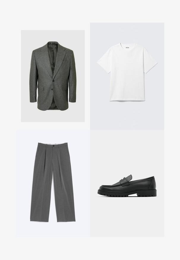 Blazer gris à rayures fines avec un col cranté, deux boutons et deux poches avant. L'intérieur est doublé d'un tissu sombre.; T-shirt blanc à manches courtes et col rond, étalé à plat, design uni, avec l'étiquette "WEEKDAY" à l'intérieur du col sur un fond clair.; Pantalon gris à jambes larges avec fines rayures verticales, plis sur le devant, poches latérales, passants pour ceinture et fermeture par bouton à la taille.; Mocassins en cuir noir à bout arrondi, avec un design cousu, une semelle plateforme basse et une semelle en caoutchouc texturée et crantée.