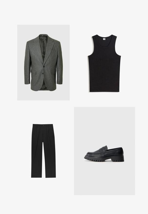 Grå stribede blazer med spidse lapeller, to knapper og to forlommer. Indersiden er foret med et mørkt stof.; Sort tanktop lavet af bomuld med rund halsudskæring og ærmeløs design. Glat tekstur uden synlige mønstre eller accenter.; Sorte bukser med lige ben, lavet af et glat stof. Har frontfolder og en enkelt knaplukning i taljen.; Sorte læder loafers med en rund tå, prydet med en dekorativ rem og en kraftig gummisål med dybe riller for grip.