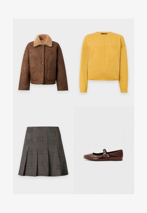 Veste en mélange de laine marron avec un col en fausse fourrure beige, boutons à l'avant, deux poches poitrine et coupe décontractée. Surface extérieure texturée.; Pull en maille jaune avec un col rond, des épaules tombantes et un ourlet côtelé. Texture douce et design simple à coupe droite.; Jupe à carreaux gris avec des plis, ornée de motifs complexes en noir et blanc, accentuée par de fines lignes rouges. Fabriquée dans un tissu structuré.; Ballerine en cuir verni marron avec un bout carré et une lanière ornée d'une petite boucle dorée. Texture lisse, talon bas et design minimaliste.