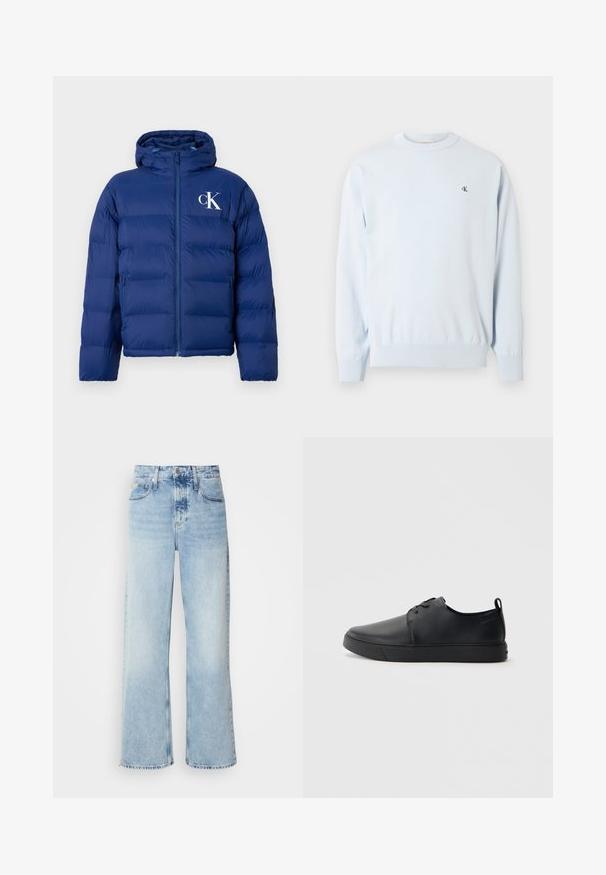 Marineblaue Steppjacke mit Kapuze, Frontreißverschluss, Seitentaschen und weißem "cK"-Logo auf der linken Brust.; Hellblauer Langarm-Pullover mit Rundhalsausschnitt, gerippten Bündchen und Saum, mit kleinem schwarzem "CK"-Logo auf der linken Brust.; Helle blaue weite Jeans mit hoher Taille, in verwaschenem Finish, mit Gürtelschlaufen und klassischem Fünf-Taschen-Design. Der Saum ist ungesäumt.; Schwarze Leder-Sneaker mit glatter Oberfläche, abgerundeter Zehenpartie, gleichfarbiger Nähte, schnürbarem Vorderteil und flacher Gummisohle. Schlaufe an der Ferse.