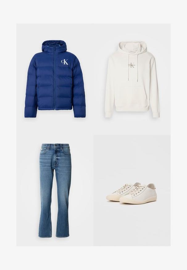 Navyblauwe gewatteerde jas met capuchon, voorrits, zijzakken en wit "cK" logo op de linkerborst.; Witte hoodie van zachte stof; voorzien van een voorkant met een kangoeroezak, geribbelde manchetten en een logo met "Calvin Klein" boven een gestileerde "K."; Lichtblauwe denim jeans met een rechte snit en een lichte flare. Beschikt over vijf zakken, een knoopsluiting en subtiele wassingdetails.; Witte sneakers van glad leer met ton-sur-ton stiksels, vetersluiting, ronde neus en een gestructureerde rubberen zool.