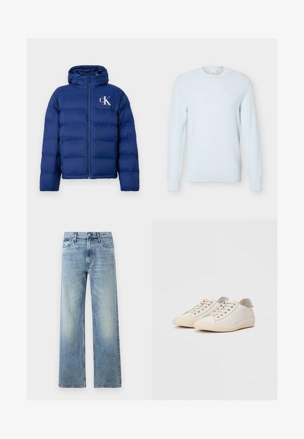 Navyblauwe gewatteerde jas met capuchon, voorrits, zijzakken en wit "cK" logo op de linkerborst.; Lichtblauwe gebreide trui met lange mouwen, een ronde hals en een gestructureerd patroon, weergegeven tegen een effen witte achtergrond.; Lichtblauwe denim jeans met rechte pijpen, een hoge taille, vijf zakken, knoopsluiting en subtiele vervaging op de dijen en knieën.; Witte sneakers van glad leer met ton-sur-ton stiksels, vetersluiting, ronde neus en een gestructureerde rubberen zool.