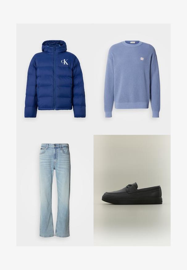 Navyblauwe gewatteerde jas met capuchon, voorrits, zijzakken en wit "cK" logo op de linkerborst.; Lichtblauwe gebreide trui met een geribbelde textuur, ronde halslijn en een iets oversized pasvorm. Voorzien van een klein logo-label op de borst.; Lichtblauwe denim jeans met een rechte pijp, voorzien van vijf zakken, een knoopsluiting en subtiele vervaging op de stof.; Zwarte casual leren loafer met veters en dikke rubberen zool, zijaanzicht op een neutrale achtergrond.