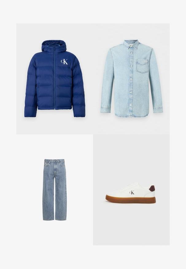 Navyblauwe gewatteerde jas met capuchon, voorrits, zijzakken en wit "cK" logo op de linkerborst.; Lichtblauw denim overhemd met lange mouwen, knoopsluiting aan de voorkant, een borstzak met Calvin Klein-logo en puntige kraag.; Lichtblauwe jeans met rechte pijpen, knoop- en ritsluiting aan de voorkant, riemlussen en een ontwerp met vijf zakken.; Witte sneakers met een rubberen gum zool, platte veters en een bruine suède hakaccent. Voorzien van een subtiele geperforeerde "cK" logo aan de zijkant.