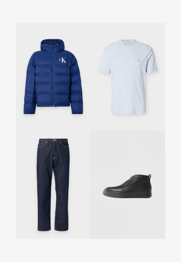 Marineblå jakke med fyld og hætte, frontlynlås, sidelommer og hvidt "cK" logo på venstre bryst.; Lyseblå kortærmet waffle-strikket t-shirt med rund hals og lille rød "CK" logo på venstre bryst.; Mørkeblå denim jeans med lige ben-design. Har knappelukning og lynlås, fem lommer og kontraststikningsdetaljer.; Sort læder ankelstøvle med struktureret overflade, snørebånd fortil, trækstrop ved hælen og tykk gummisål mod en lys baggrund.